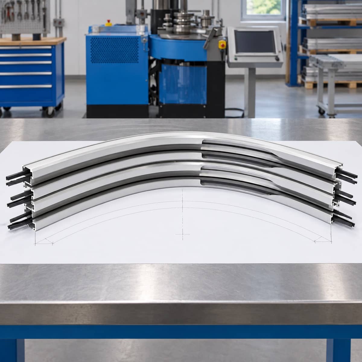 Gebogen aluminium gevelprofielen gecontroleerd op een werktekening