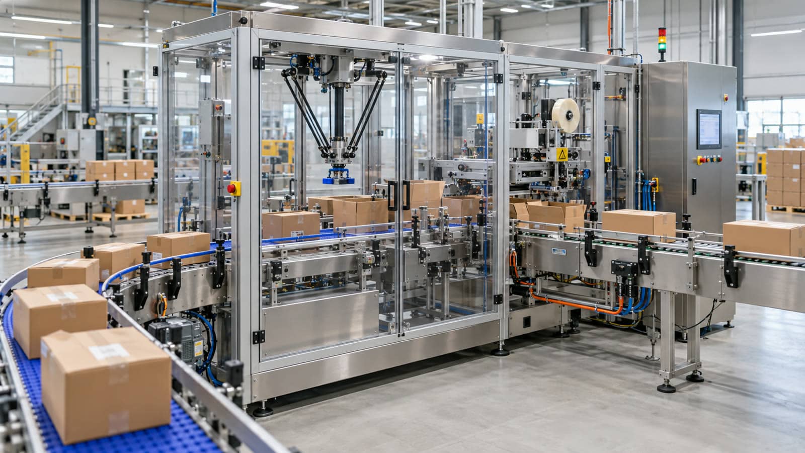 Automatische verpakkingsmachine in een fabrieksetting voor machinebouw