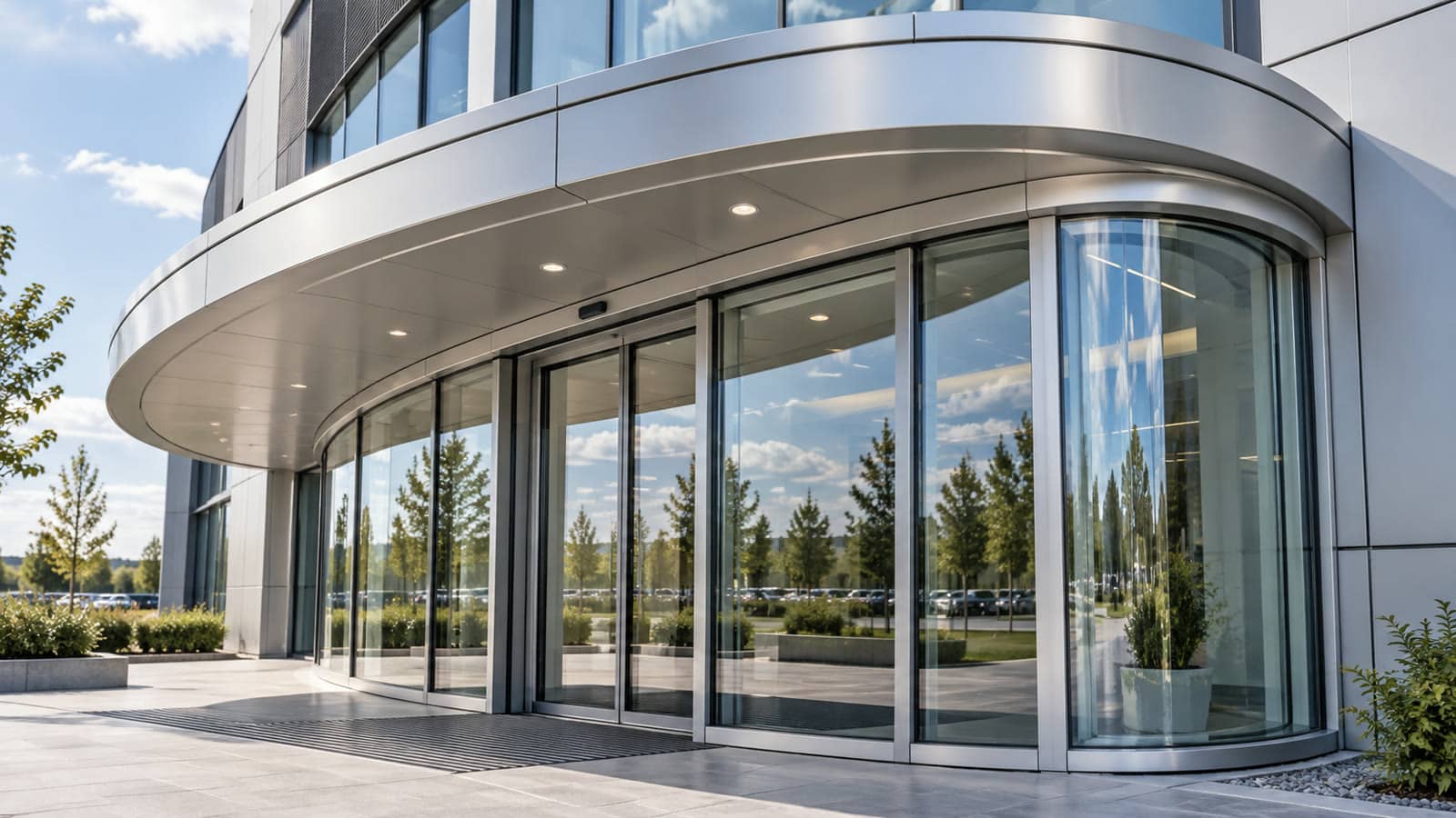 Gebogen aluminium profielen toegepast in een afgewerkte gevelentree