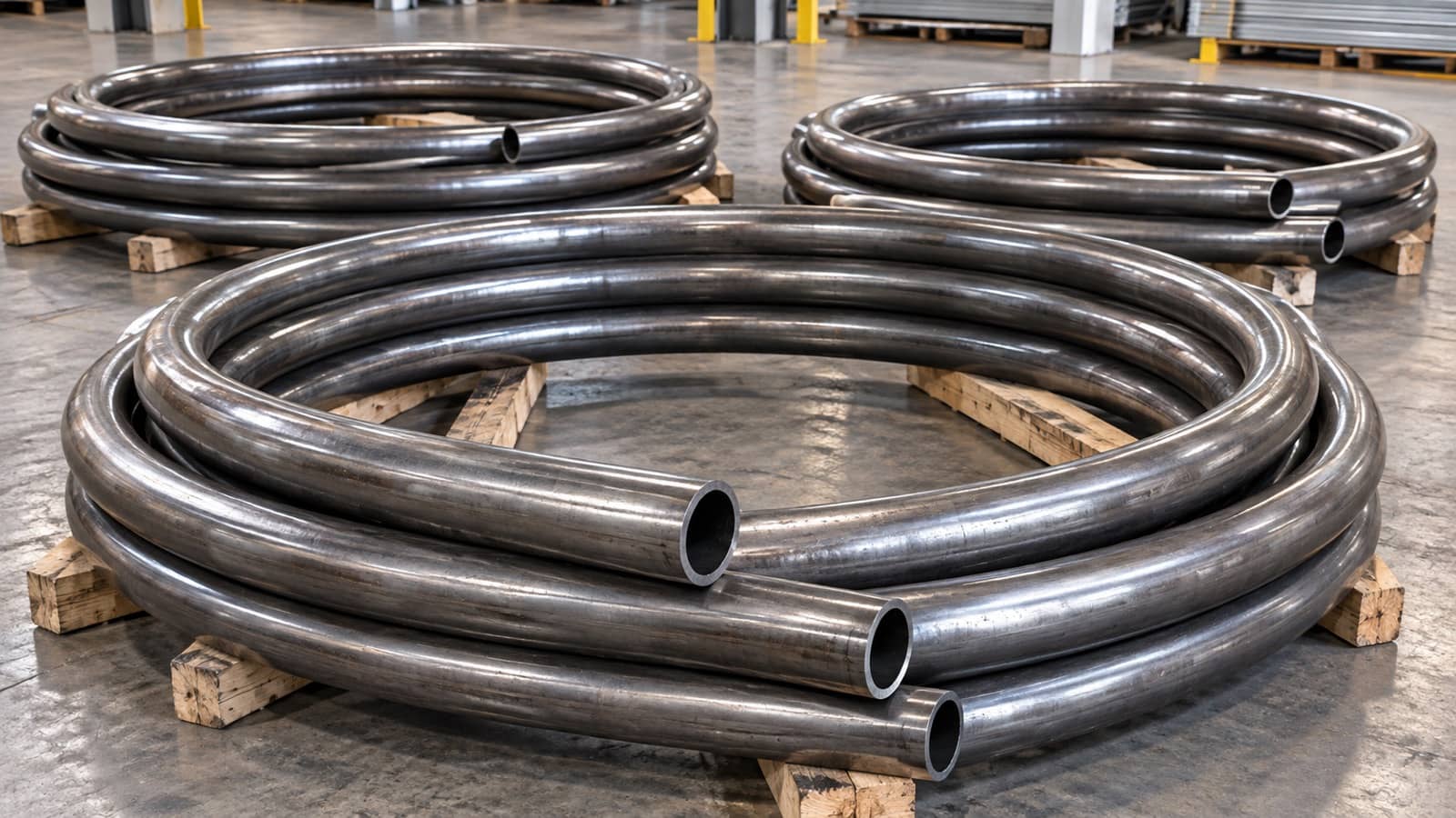 Gebogen ronde buizen op houten dragers in de werkplaats