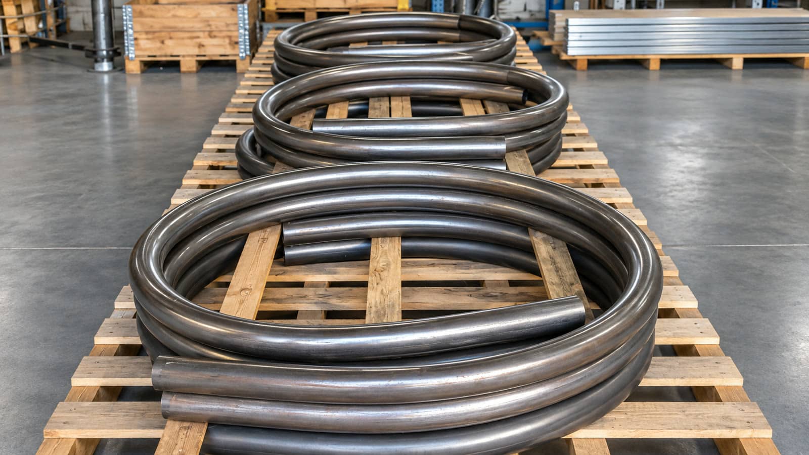 Opgeschoonde gewalste RVS buizen op pallet