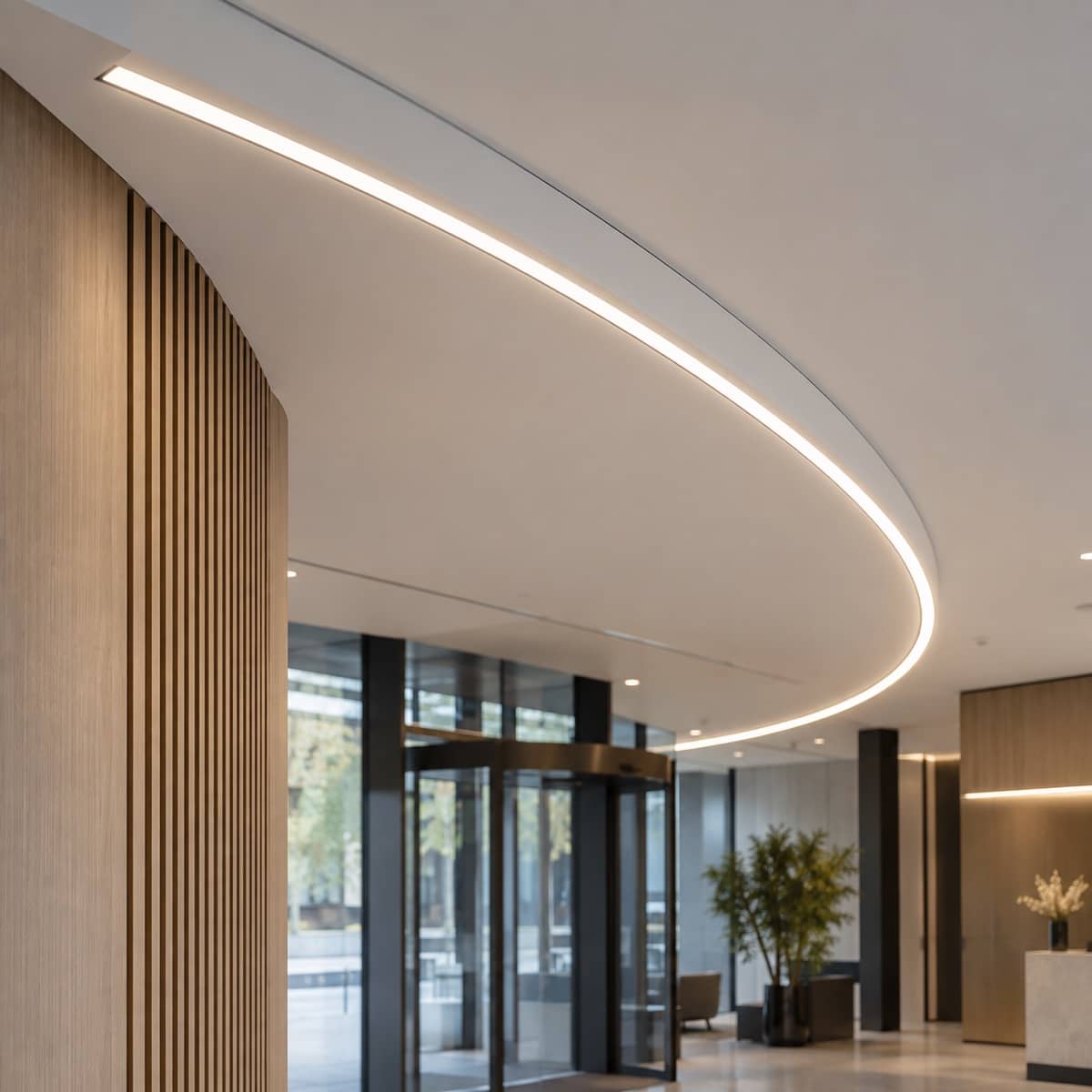 Gebogen aluminium LED-profiel als doorlopende lichtlijn in een ontvangsthal