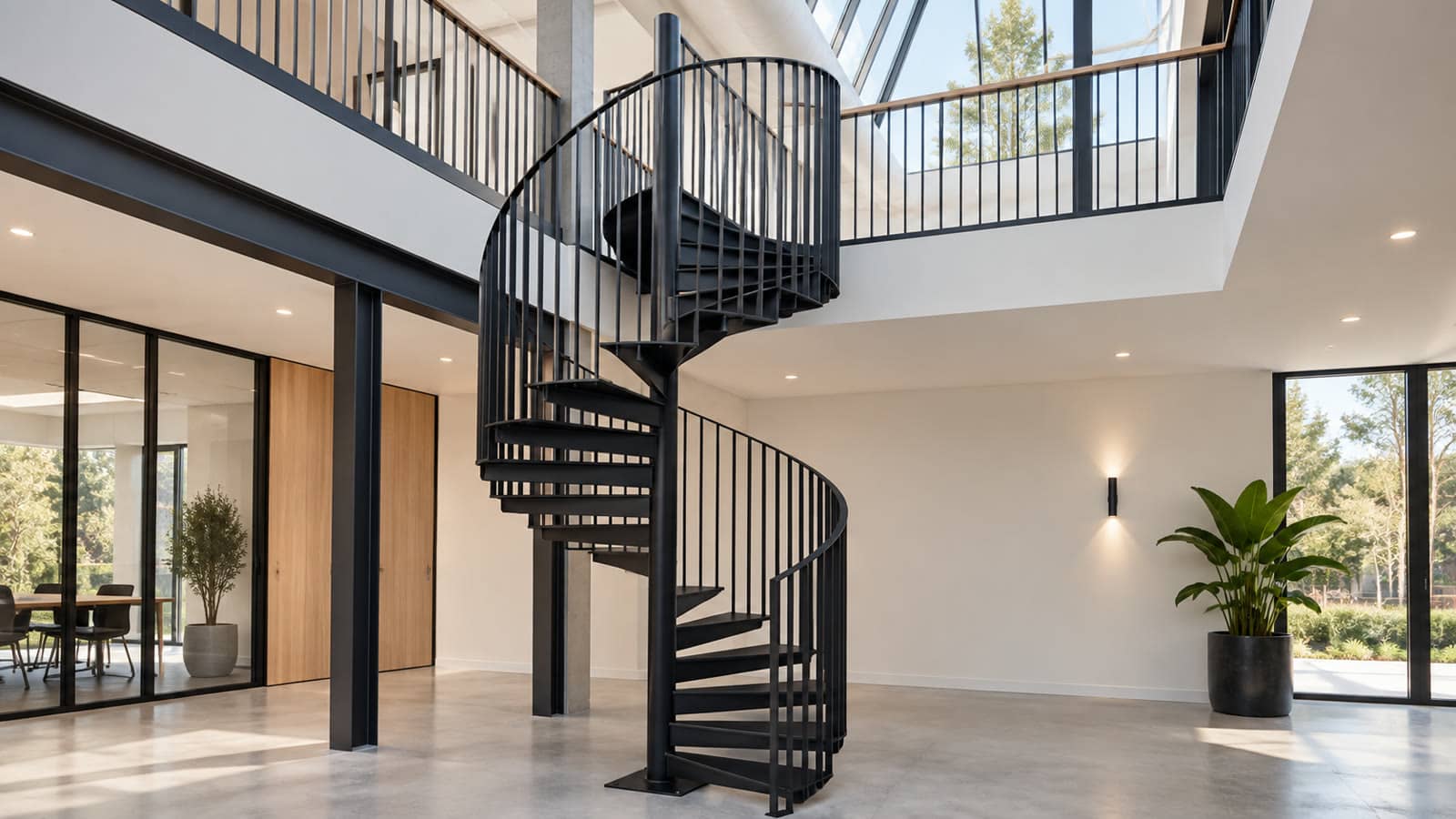 Gebogen trapleuning en balustrade in een afgewerkte wenteltrap